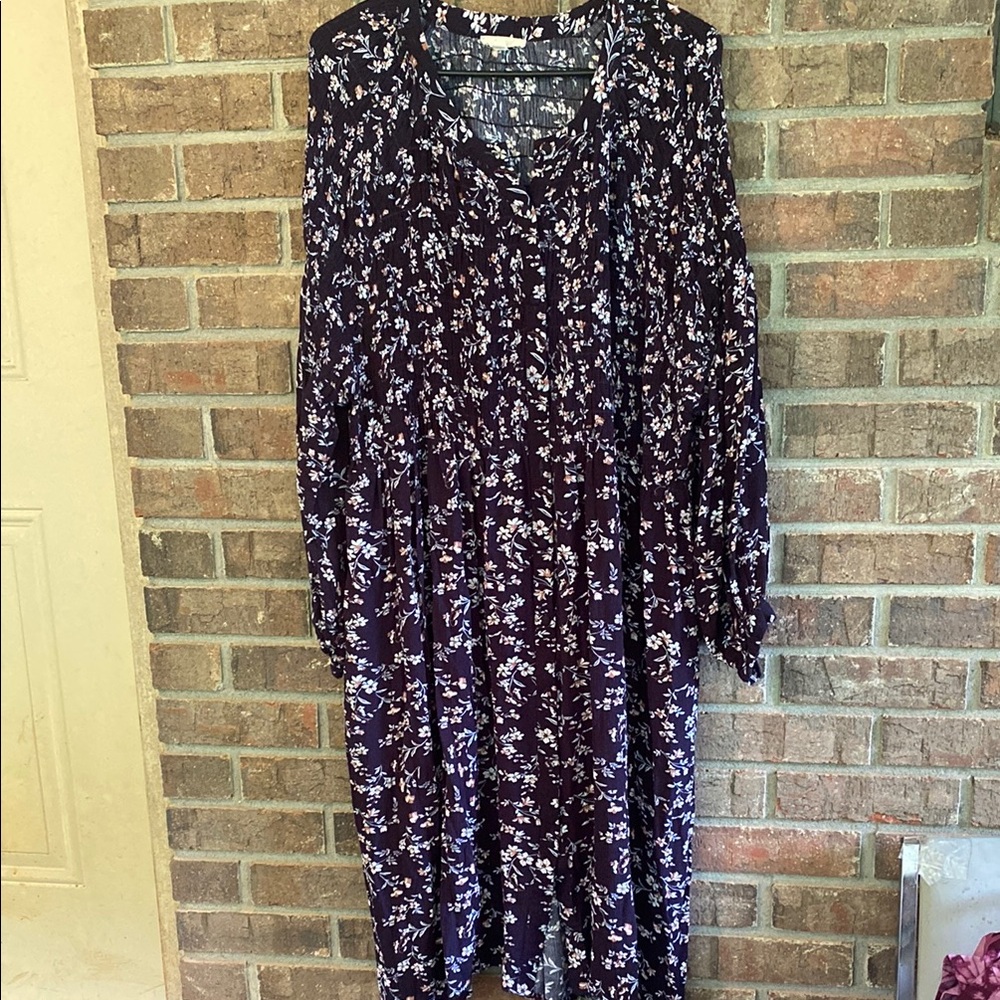 Blue and White Pleated Long Sleeve Sundress